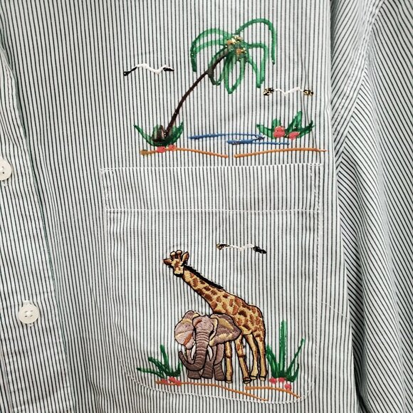 Circus Circus Woman's Vintage Green White Stripe Safari Embroidery Shirt Plus 2X - Picture 4 of 11